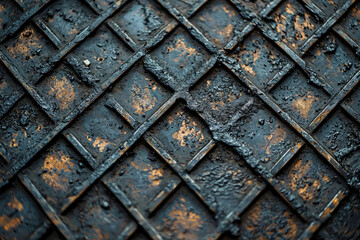 Poster - Dark, textured metal surface with a diamond pattern, showing signs of age and wear.