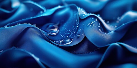 Poster - Elegant blue fabric with water droplets glistening in soft light