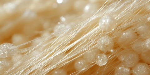 Poster - Unique close-up view of delicate translucent spheres and fine strands showcasing intricate textures in natural materials
