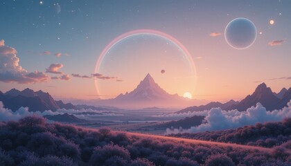 Wall Mural - alien planet sunrise mountain landscape scene