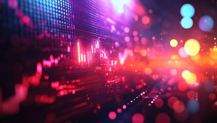 Fototapete - Abstract background with red and pink glowing data graph and bokeh lights. Futuristic digital concept