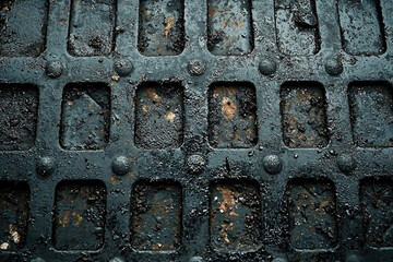 Aufkleber - A close-up view of a dark, wet, metallic grate with a grid pattern and visible wear.