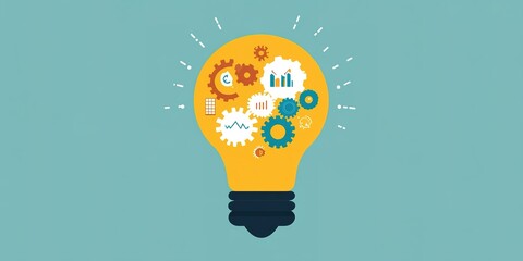 Poster - Bright light bulb filled with gears and charts representing innovation and creativity in design and technology
