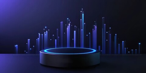 Poster - Abstract representation of sound waves with a dark background and glowing circular base in a modern digital setting