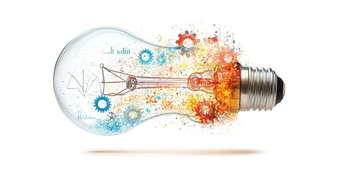 Poster - Creative light bulb symbolizing innovation and technology, featuring colorful gears and data visuals in a dynamic design