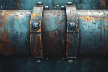 Poster - Rusty metal pipe with aged clamps and bolts, showcasing industrial texture and decay.