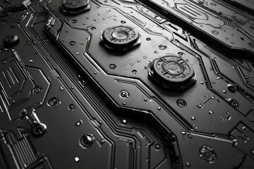 Poster - Abstract futuristic metallic surface with intricate circuitry and mechanical components, sleek and dark.