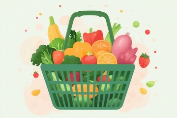 Poster - Fresh fruits and vegetables in a green shopping basket on a soft pastel background showcasing healthy eating and minimalistic design