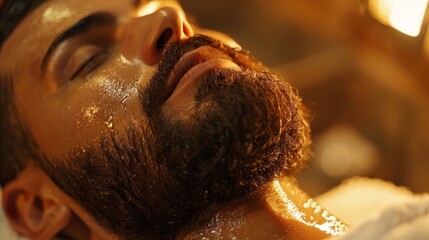 Aufkleber - A man is experiencing a facial treatment at a spa, enjoying the soothing application of a skincare product while lying back in a tranquil environment.