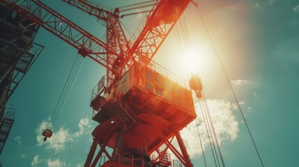 Aufkleber - Cranes dominate the skyline as workers operate machinery under a vibrant sunset, signaling a bustling construction site and urban development.