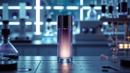 Poster - modern laboratory showcasing a mysterious glowing bottle under blue ambient light