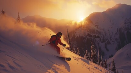 Aufkleber - A skier expertly maneuvers through deep snow on a mountainous slope as the sun sets, casting a warm glow on the winter landscape and creating a magical atmosphere.