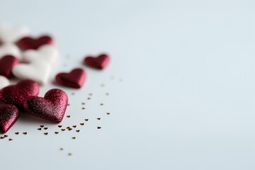 Poster - Red glitter hearts scattered on white surface with tiny golden stars, creating romantic Valentine's Day composition with soft focus and copy space.