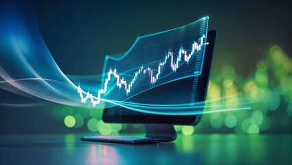 Poster - Visualization of stock market trends on a modern computer screen at night with abstract light effects