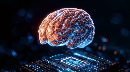 Poster - Glowing brain hologram floating over computer processor with neural network connections in orange and blue neon lights on dark background. Artificial intelligence concept.