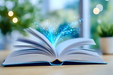 Poster - Open book with magical glowing blue light and sparkles emerging from pages against blurred background with bokeh lights and indoor plants.