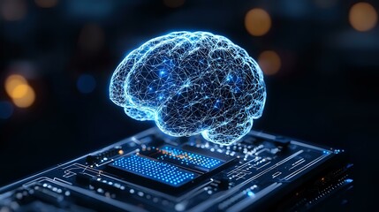 Poster - Glowing blue holographic brain projection above computer processor chip with neural network connections on dark background with bokeh lights.