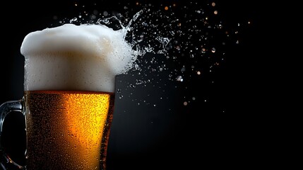 Poster - Splashing beer with foam crown in glass mug on dark background with flying drops and dramatic lighting, cold refreshing drink with bubbles and condensation.