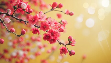 Wall Mural - beautiful cherry blossom branches in full bloom against a warm golden background during springtime