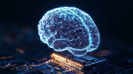 Poster - Glowing blue brain hologram floating above electronic circuit board with neural connections and digital pathways representing artificial intelligence technology.