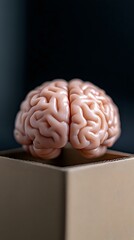 Poster - Anatomically accurate human brain model with detailed gyri and sulci patterns resting on brown cardboard box against dark background, medical education concept.