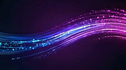 Aufkleber - Glowing neon wave lines with sparkles and particles flowing on dark purple background, abstract digital light trails for technology designs.