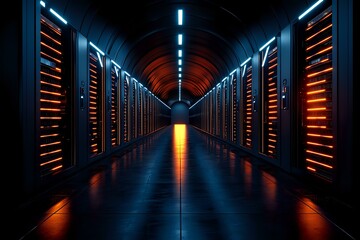 Poster - Modern data center corridor with glowing server racks illuminated by blue and orange lights creating dramatic perspective along reflective floor surface.