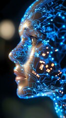 Poster - Glowing profile of digital face with blue circuit patterns and light effects, representing artificial intelligence and machine learning technology advancement.