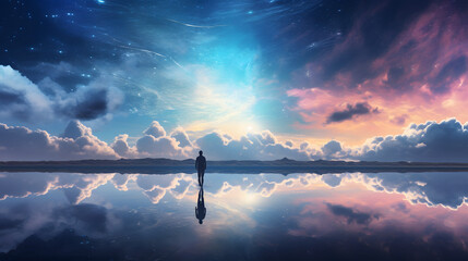 Wall Mural - a person is standing on a beach in front of a body of water