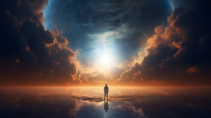 Wall Mural - a man stands on a beach looking out at the ocean