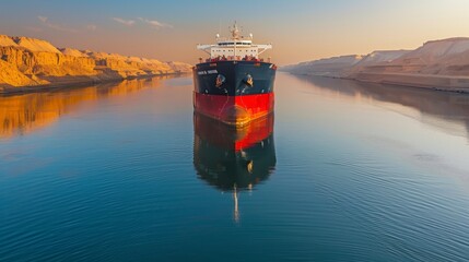 Aufkleber - A large cargo ship makes its way through the Suez Canal with cliffs reflecting in the calm water as the sun sets, creating a serene atmosphere for maritime travel.