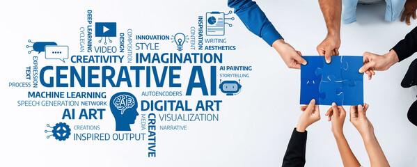 Fototapete - A vibrant representation of hands collaborating on generative AI concepts, showcasing creativity and innovation in digital art and storytelling techniques within a modern workspace. Amity