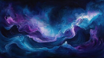 Poster - Vibrant abstract waves in purple and blue tones against a dark background.