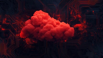 Poster - Abstract digital background showcasing a vivid red cloud amidst intricate black circuitry patterns. Cybersecurity,Cloud Security
