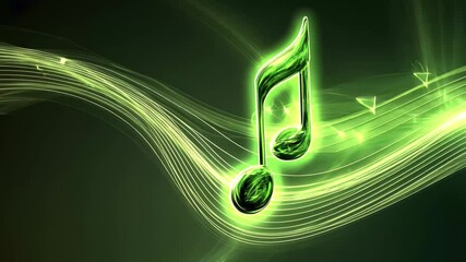 Poster - Musical note rises in a vibrant stream of melody under a green digital background, Musical note streaming up in melody Green screen