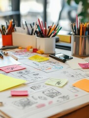 Fototapete - Creative brainstorming session in a workspace with colorful sticky notes and hand-drawn sketches scattered across the table