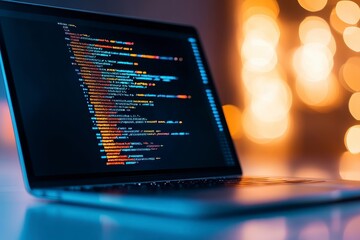 Laptop displaying colorful code on its screen, set against a blurred bokeh background of warm golden lights. The image evokes a sense of late night