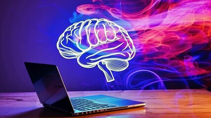Poster - Glowing Brain Illustration Above Laptop with Colorful Smoke Digital Concept of Creativity and Technology Fusion