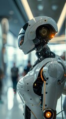 Poster - Humanoid robot engages with people in a futuristic environment showcasing advanced technology and design