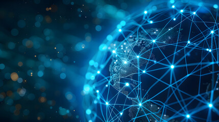 A blue globe with a network of lines surrounding it