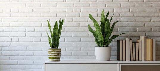 Poster - Stylish indoor plants on modern white shelf against subtle textured wall creating a fresh and contemporary atmosphere for home decor enthusiasts