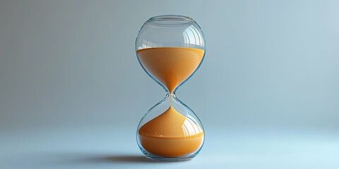 Poster - Hourglass sits gracefully on a smooth surface, showcasing flowing sand and soft light in a tranquil setting