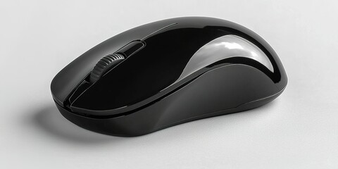 Poster - Sleek black computer mouse resting on a white desk surface in a modern workspace