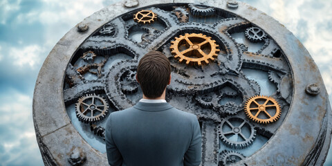 Poster - man in business suit standing before enormous industrial gear machine illustrating innovation and st