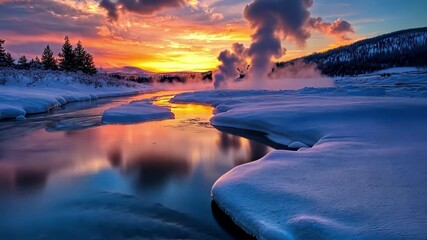 Poster - Winter river reflecting sunset colors with steam rising over icy waters, steam in sunset colors over a winter river