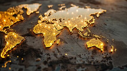 Poster - glowing world map with illuminated continents textured surface symbolizing global connectivity and m