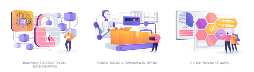 Poster - decentralized and automated efficiency abstract concept vector illustrations.