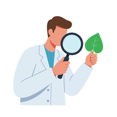 Poster - Scientist examining a leaf with a magnifying glass in flat vector art style