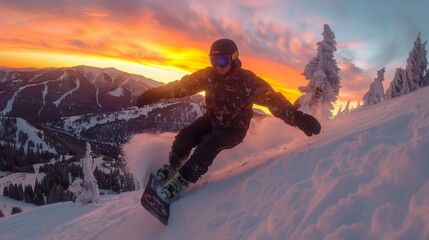 Aufkleber - A snowboarder skillfully rides down a snowy mountain slope during a breathtaking sunset, surrounded by the serene beauty of winter landscapes and pine trees.