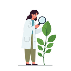 Poster - Scientist examining large green plant with magnifying glass in flat vector art
